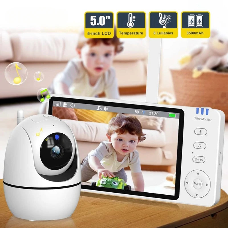 5 Inch Video Baby Monitor with Camera PTZ Zoom Babyphone Cam Security Protection Surveillance Cameras Temperature Sensor Lullaby